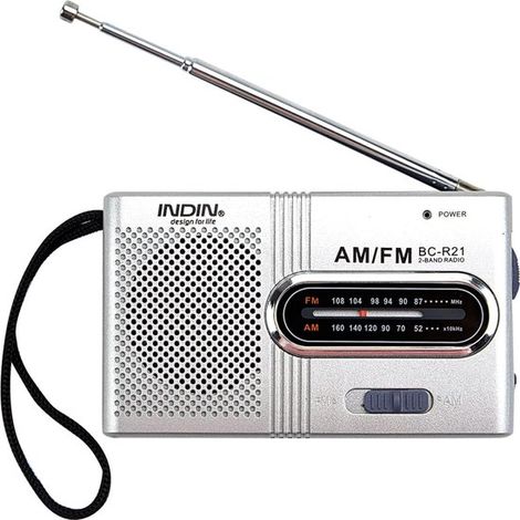 Radio AM/FM - Mini radio - Radio portable - Radio senior - Petite radio d'extérieur - Argentée - Plastique argenté (1/5)