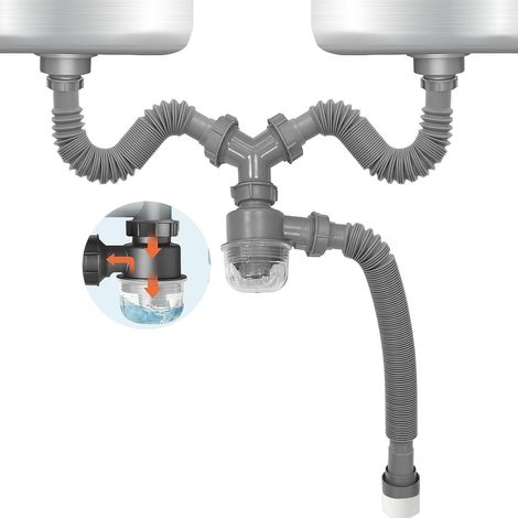 Kit de vidange double pour évier,1½" siphon P extensible, coupelle anti-odeurs visible, amovible et lavable, pour cuisine et salle de bain. (1/5)