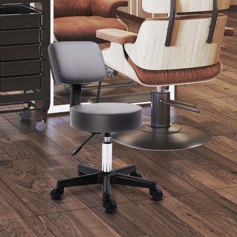 Tabouret salon, housse synthétique, 5 roulettes, pivot à 360°, ergonomique, hauteur réglable, gris (1/4)