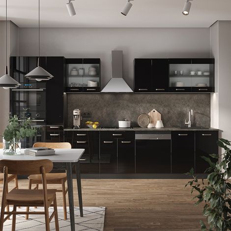 Ligne de cuisine R-Line, Noir brillant/Anthracite, 350 cm avec armoire haute, PT Anthracite, Vicco