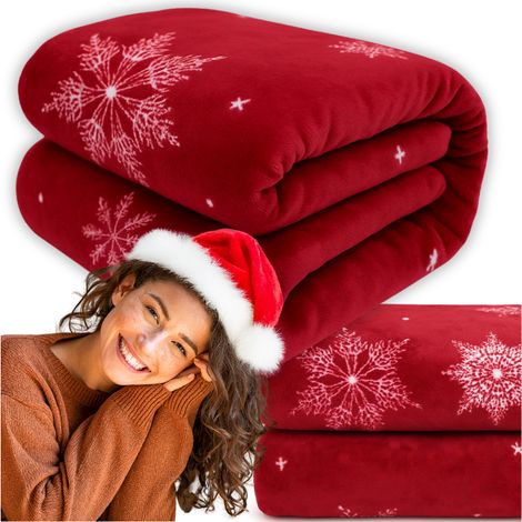 Couverture de Noël 160x200 cm motif flocons de neige rouge, idéale pour les fêtes de Noël, MORE&DECO (1/5)