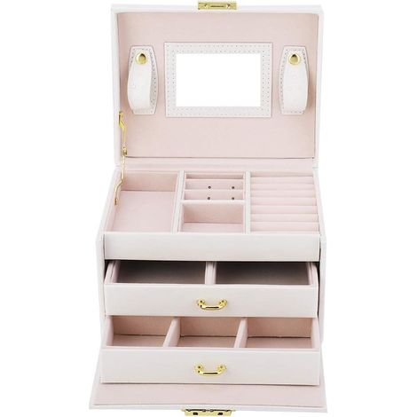 Boîte de rangement à bijoux 3 étages en cuir synthétique blanc avec miroir, matériaux fer, verre, tissu et bois (1/5)