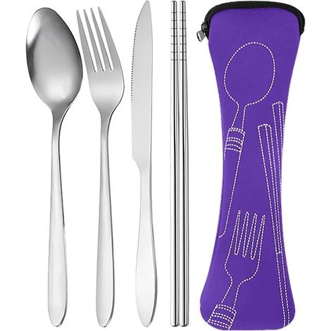 Ensemble de couverts en acier inoxydable (violet) de 4 pièces, comprenant un couteau, une fourchette, une cuillère et des baguettes. (1/5)