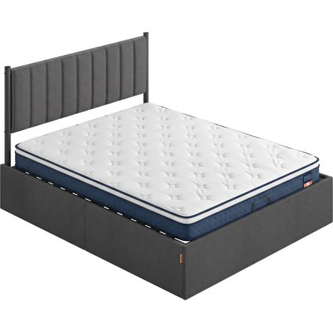 Lit Double avec Matelas 160 x 200 cm, Mousse Mémoire de Forme, Chambre, Tête de Lit Ajustable, Bleu et Gris (1/5)