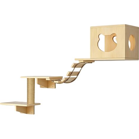 Árbol rascador de pared para gatos, diseño multinivel, madera natural. (1/2)