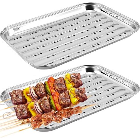 Set di 2 griglie per barbecue in acciaio inox (34,9 x 24,5 x 2,7 cm), riutilizzabili per barbecue a gas, cestelli per verdure, pesce e carne. (1/4)