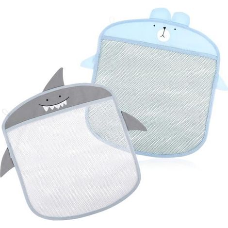 Fingertoys Lot de 2 filets de rangement pour jouets de bain avec 4 crochets adhésifs (bleu et gris) (1/4)
