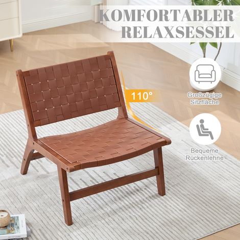 Chaise de style moderne emballée individuellement, avec revêtement tissé, chaise de détente à motif damier, structure en bois, adaptée à une utilisation intérieure et extérieure (marron) (1/5)