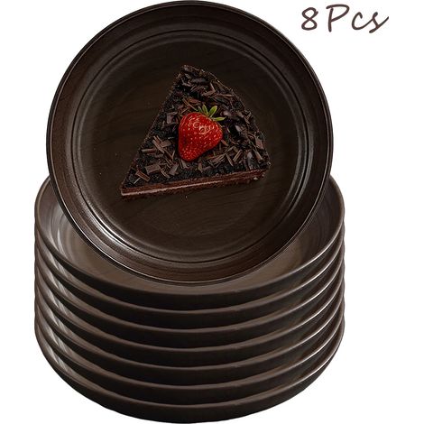 Assiettes plates imitation bois (brun foncé, lot de 8), vaisselle de cuisine (1/2)