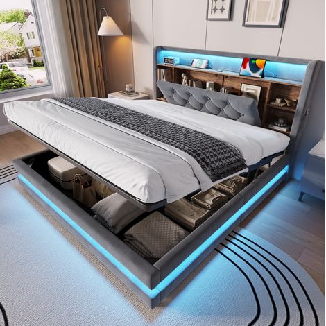 Cama tapizada 140 x 200 cm con almacenaje, LED, USB y Type-C, terciopelo gris oscuro HAVRYA (1/5)