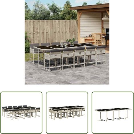 Gartenstuhl -  11-tlg. Garten-Essgruppe mit Kissen Hellgrau Poly Rattan (1/5)