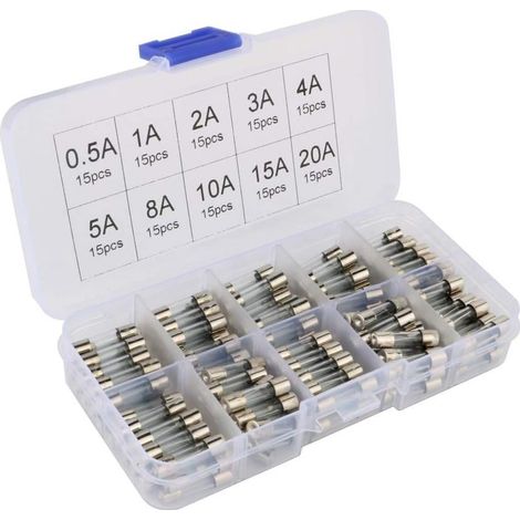 Assorties Kit de 150 Pcs Fusible Verre, 5x20mm Cartouche en Verre Fuse, Coup Rapide Voiture Fusibles, Fast-Blow Fusibles en Verre(AMP 0.5A 1A 2A 3A 4A 5A 8A 10A 15A 20A) (1/5)