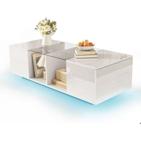 Table basse 120x50, design blanc brillant table basse salon, LED multicolore app, rangement, plateau verre trempé (1/5)