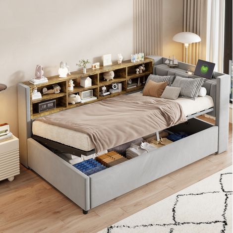 lit adulte couchage rangement 90x200 velours gris OKMYHOME (1/5)