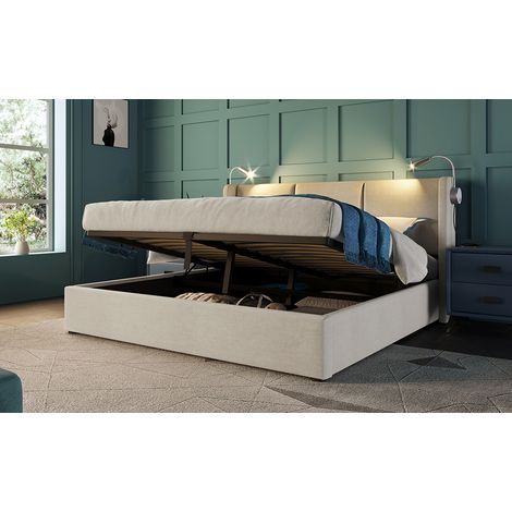 Canapé abatible 140x200 cm de lino beige con USB y luz de lectura, sin colchón – MEUBLIV (1/5)
