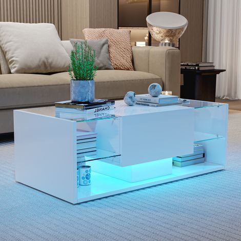 Couchtisch 100 cm Modern mit LED, 1 Schublade und Ablagen, Hochglanz Oberfläche, ESG Glasplatte, Weiß