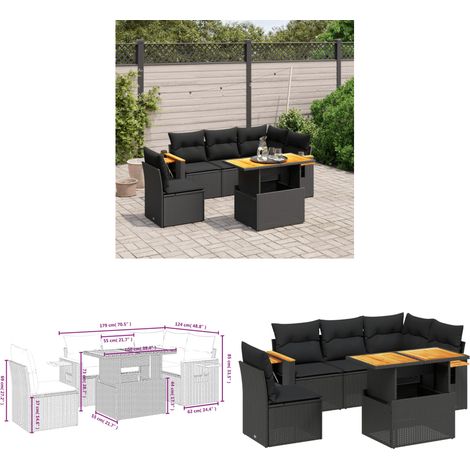 Salon de jardin 6 pcs avec coussins noir résine tressée - Salon De Jardin - Meuble Extérieur - Set Salon - Résine Tressée - Rotin Synthétique - Home & Living (1/3)