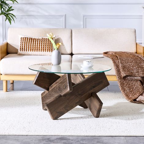 DESMIU Table basse Ronde avec Base Croisée et Plateau en Verre pour Salon 79 × 45 cm (1/5)