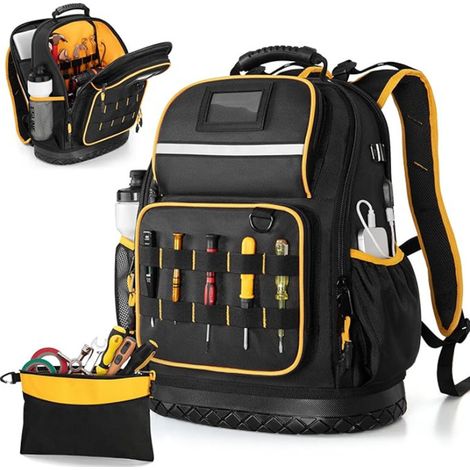 Sac à dos porte-outils à fond rigide avec compartiment pour outils, sac à outils robuste avec plusieurs compartiments et compartiment pour ordinateur portable, noir (1/5)