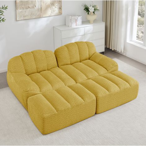 Divano modulare 2 posti con 2 ottomani, giallo, schiuma 32D ad alta densità, 210 x 165 x 79 cm (1/5)