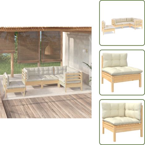 5-tlg. Garten-Lounge-Set mit Creme Kissen Kiefernholz - Gartengeräte - Lounge Set - Gartenmöbel - Outdoor Möbel - Kiefernholz