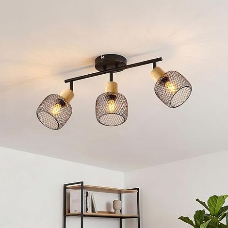 Plafonnier LED 3 Spots Noir et Bois, E14 Spots de Plafond Orientables 350° avec Abat-jour en Cage Métallique, Luminaire Industriel Vintage pour Salon, Cuisine, Couloir (Sans Ampoules) (1/5)