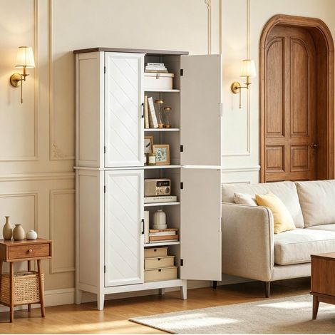 Aparador de cocina alto de 6 niveles, 4 puertas de cristal, 4 estantes regulables, MDF blanco HAVRYA (1/4)