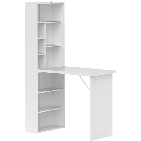 Bureau d'ordinateur pliable blanc 98x51x153cm, avec étagère réglable, bibliothèque et tableau blanc, poste de travail multifonction. (1/5)