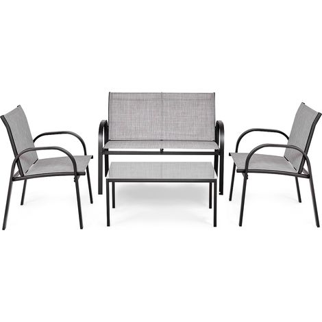 Set mobili giardino 4 pezzi chiacchierare sedie cortile ferro tessuto rete tavolino vetro grigio (1/4)