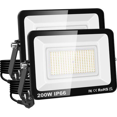 Projecteur LED 200W, étanche IP66, éclairage de sécurité 20000 lm, applique murale extérieure blanc chaud 3000K pour jardin, cour, garage, terrasse, entrepôt, avec prise UE (2 pièce)