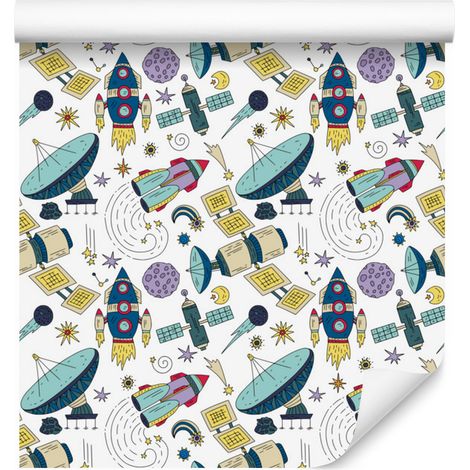Bunte Tapeten mit Raketen, Satelliten und Planeten für Wohn- und Schlafzimmer 50x1000 (1/5)