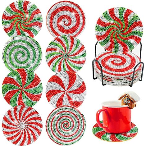 8 pces Christmas diamant peinture sous-verres, 5D Noël diamant peinture sous-verres (Candy), polyvalent et pratique (1/4)