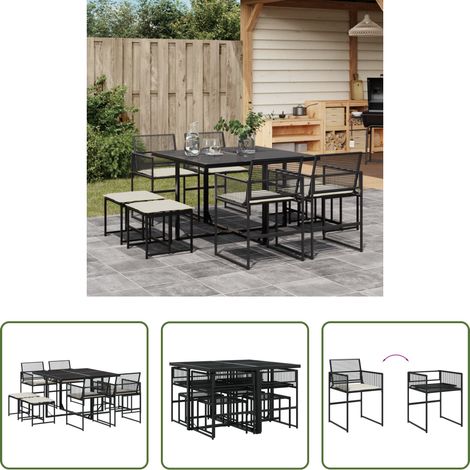 Gartentisch - 9-tlg. Garten-Essgruppe mit Kissen Schwarz Poly Rattan (1/5)
