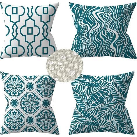 Lot de 4 housses de coussin d'extérieur 45x45cm – Lin synthétique polyester – Imperméable et résistant à l'usure – Décoration jardin turquoise (1/5)
