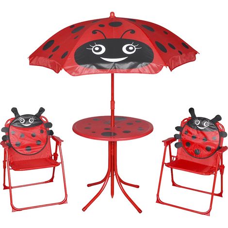 Vidaxl – Jeu de bistro pour enfants 3 pcs – Table et 2 chaises pliantes en acier – Parasol rouge 105 cm – Mobilier de jardin sécurisé