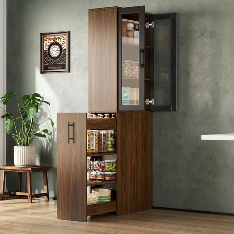 Armario auxiliar de cocina estrecho 60 x 30 x 180 cm con puertas de vidrio, carro extraíble de 4 niveles y ruedas, negro y madera clara – CHICFURN para despensa (1/5)