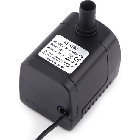 Pompe à eau submersible en plastique noir 15 W 800 L/h pour fontaine, aquarium ou bassin à poissons (1 pièce). (1/5)