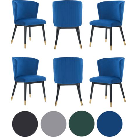 Set of 6 Blue Sofina Modern Velvet Dining Chairs with Tufted Back - Wooden Frame & Gold-Tipped Rubberwood Legs (1/5)