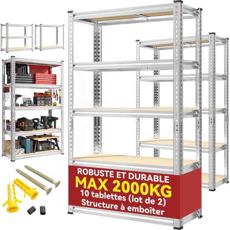 Klyvvo Rayonnage Lot de 2 Belle texture - 152x70x30 cm - Charge max 2000 kg Étagère métallique modulable 10 niveaux - Système d'emboîtage rapide - Pour garage et atelier