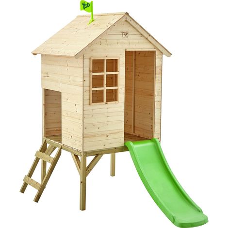 Maisonnette cabane sur pilotis en bois FSC® avec toboggan vert pomme SUNNYSIDE