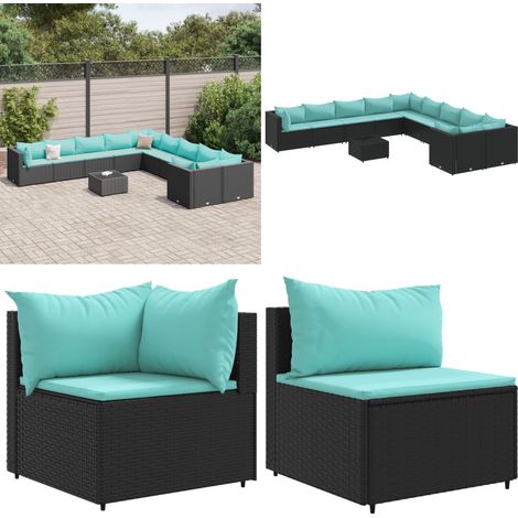 11-tlg. Garten-Sofagarnitur mit Kissen Schwarz Poly Rattan - Gartentisch - Rattanmöbel (1/5)