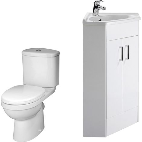 Bathroom Floor Standing Corner Vanity Unit and Toilet Set - White (1/4)