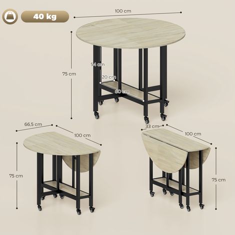 Klapptisch, Tisch mit Klappfunktion und offener Ablage, Rollbarer Küchentisch für Esszimmer, kleine Räume, Natur (1/5)