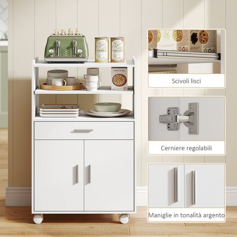 Meuble four micro-ondes blanc en bois 59x40x92 cm, avec tiroir, armoire 2 portes et étagères intégrées (1/5)