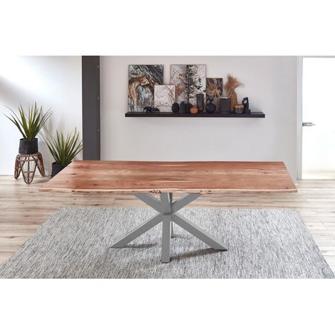 Esstisch Baumkante massiv Akazie natur 260 cm Spider-Gestell Silber QUINCY (1/5)