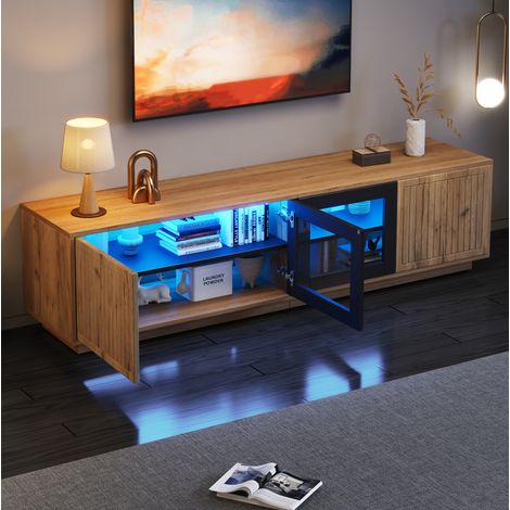 TV-Lowboard 180 x 40 x 45 cm mit LED, 4 Türen, gehärtetem Glas, Natur/Schwarz HAVRYA (1/5)