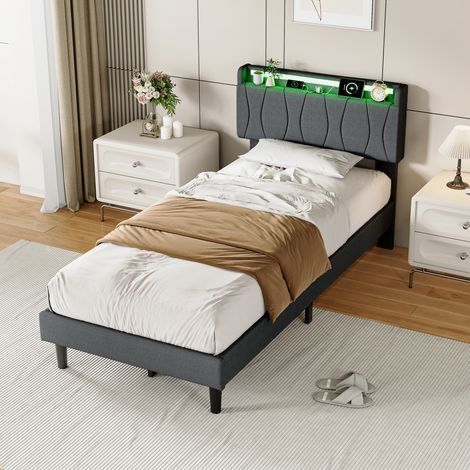 lit 90x200, lit simple avec LED et USB, lit pour adolescent avec sommier Ă lattes, tissu en lin, gris (1/5)