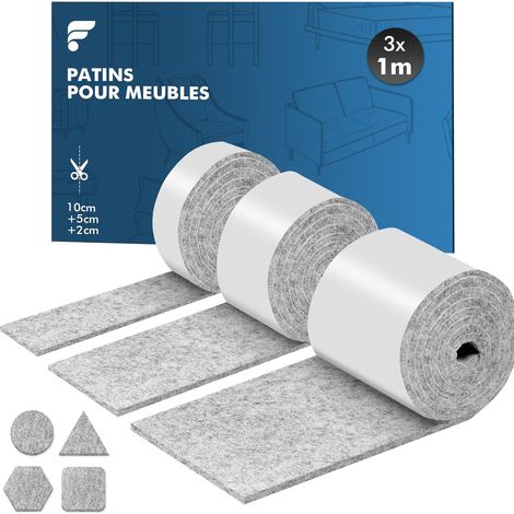 Patins pour Meubles Auto-Adhésifs, Patin Chaises - 3 Rouleaux (100  10cm+100  5cm+100  2cm), Tampon Chaise 4mm - Épais Patin Feutre Autocollant, Découpe Libre de Toute Taille, Gris Clair (1/5)