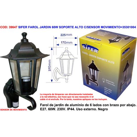 Farol Jardín Sifer 60W con Soporte Alto y Sensor de Movimiento