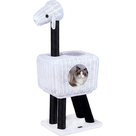 Design agneau et rotin - Arbre à chat avec griffoir sisal et niche 2 portes pour chatons d'intérieur, blanc 109cm (1/5)
